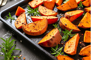 Roasted sweet potato wedges with, a Food & Drink Photo by Lermont51