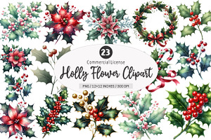 Holly Flower Watercolor Clipart, an Illustration by SinaCreation