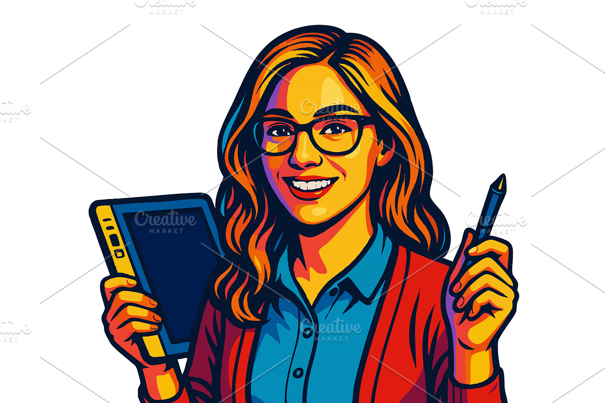 Smiling Female Digital Artist Tablet, an Illustration by AlexArt