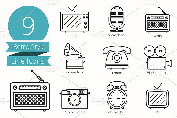 9 Retro Style Line Icons