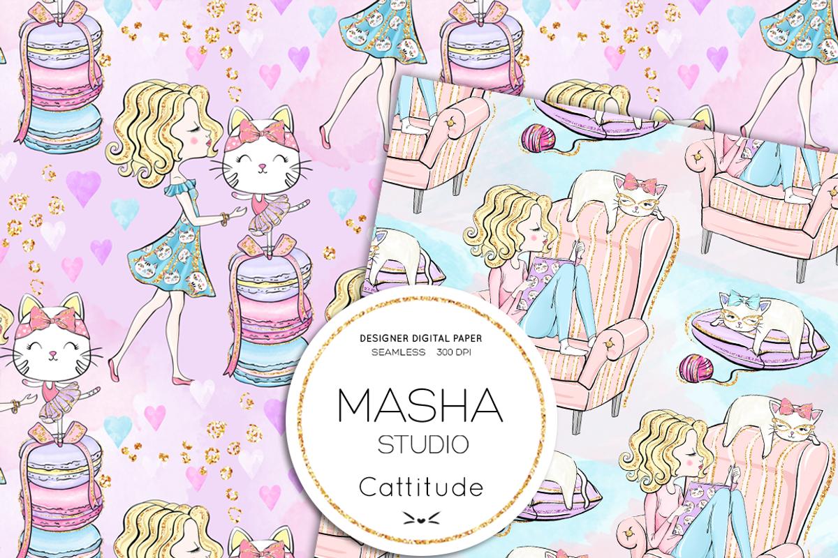 CATTITUDE digital papers, a Pattern Graphic by Masha  Studio (Photo 2 of 9)