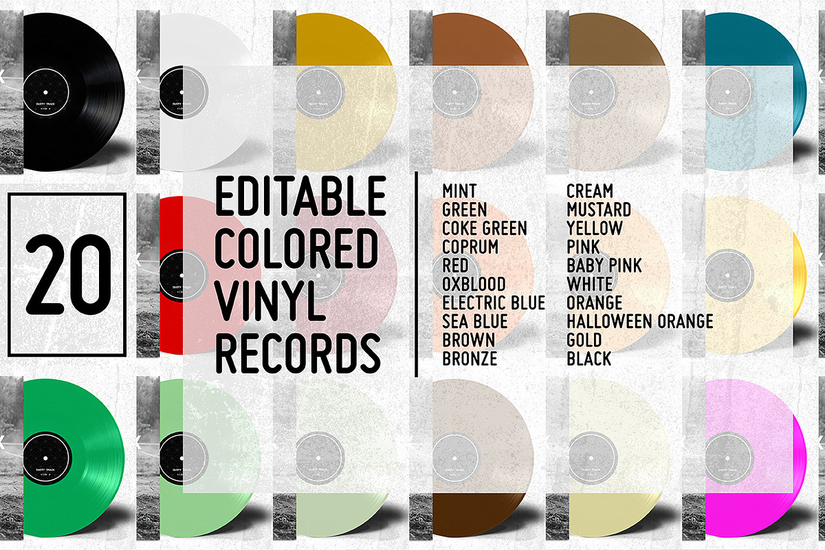 20 Colored Vinyl Records - Mockup, a Product Mockup by this is awsm (Photo 2 of 23)