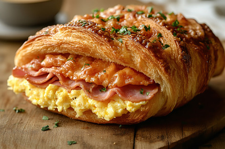 Croissant sandwich with meat, cheese and vegetables on wooden ta, a Food & Drink Photo by AlyaAnd