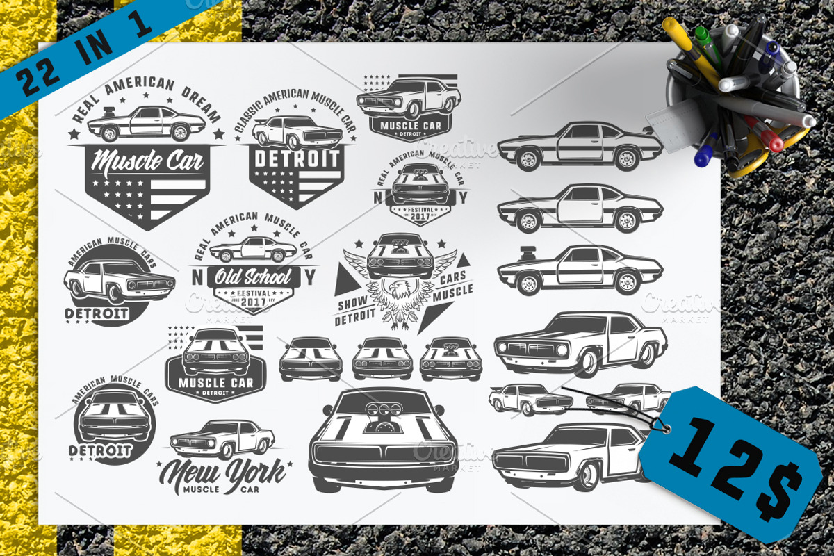 22 in 1 Set of muscle car, a Background Graphic by Hadanello88 (Photo 1 of 5)