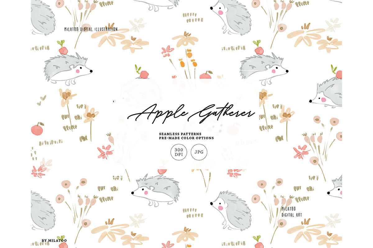 Apple gatherer hedgehog fall pattern, a Pattern Graphic by Milatoo (Photo 1 of 4)