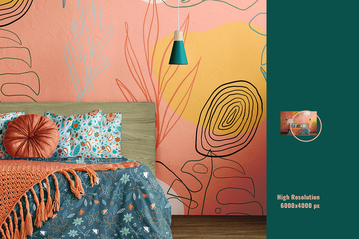 King Size Bed With Wallpaper Mockup, a Household Mockup by Designertale (Photo 4 of 6)