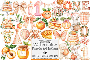 Watercolor Peach One Birthday Clipar, a Seasonal Illustration by Design Market