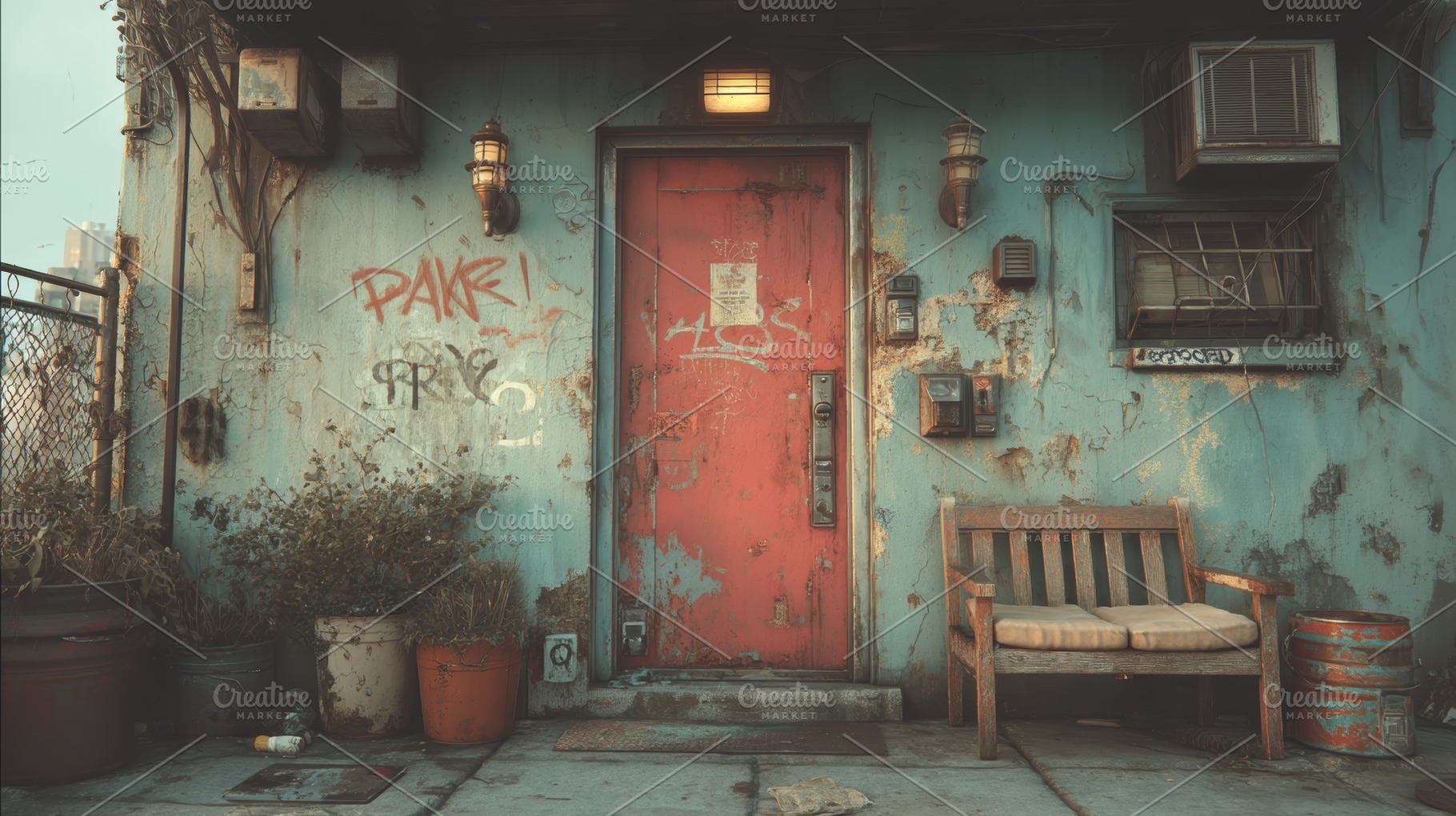 Red door on a weathered blue building with graffiti and rusted fixtures in an u, a Photo by AS photostudio