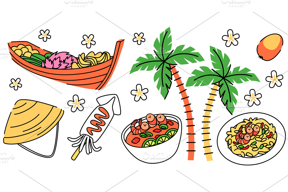 Thai doodle cultural elements set, a Food Illustration by art PVP - market