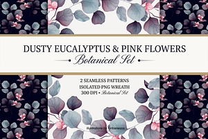 Dusty Eucalyptus & Flowers Set, a Pattern Graphic by Gribanessa