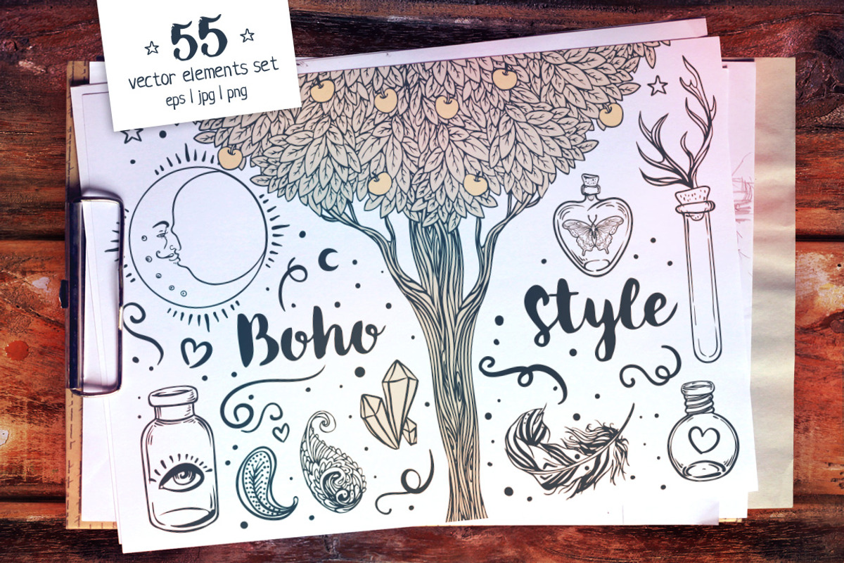 55 Boho Style Vector Set + Bonus, a Decorative Illustration by Varvara Gorbash (Photo 1 of 4)