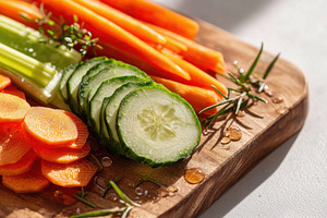 Fresh sliced various vegetables on wooden board, a Food & Drink Photo by AlyaAnd