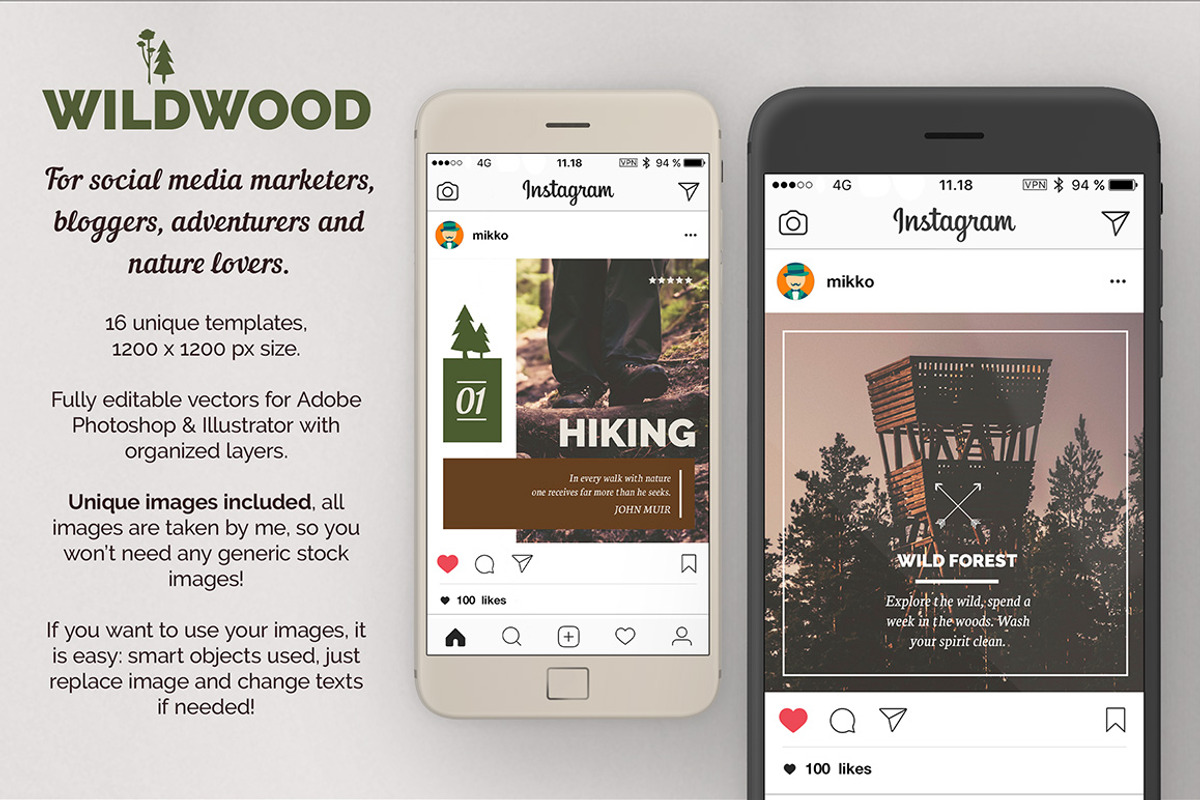 WILDWOOD Instagram Templates Pack, a Social Media Template by Mikko Lemola (Photo 2 of 6)