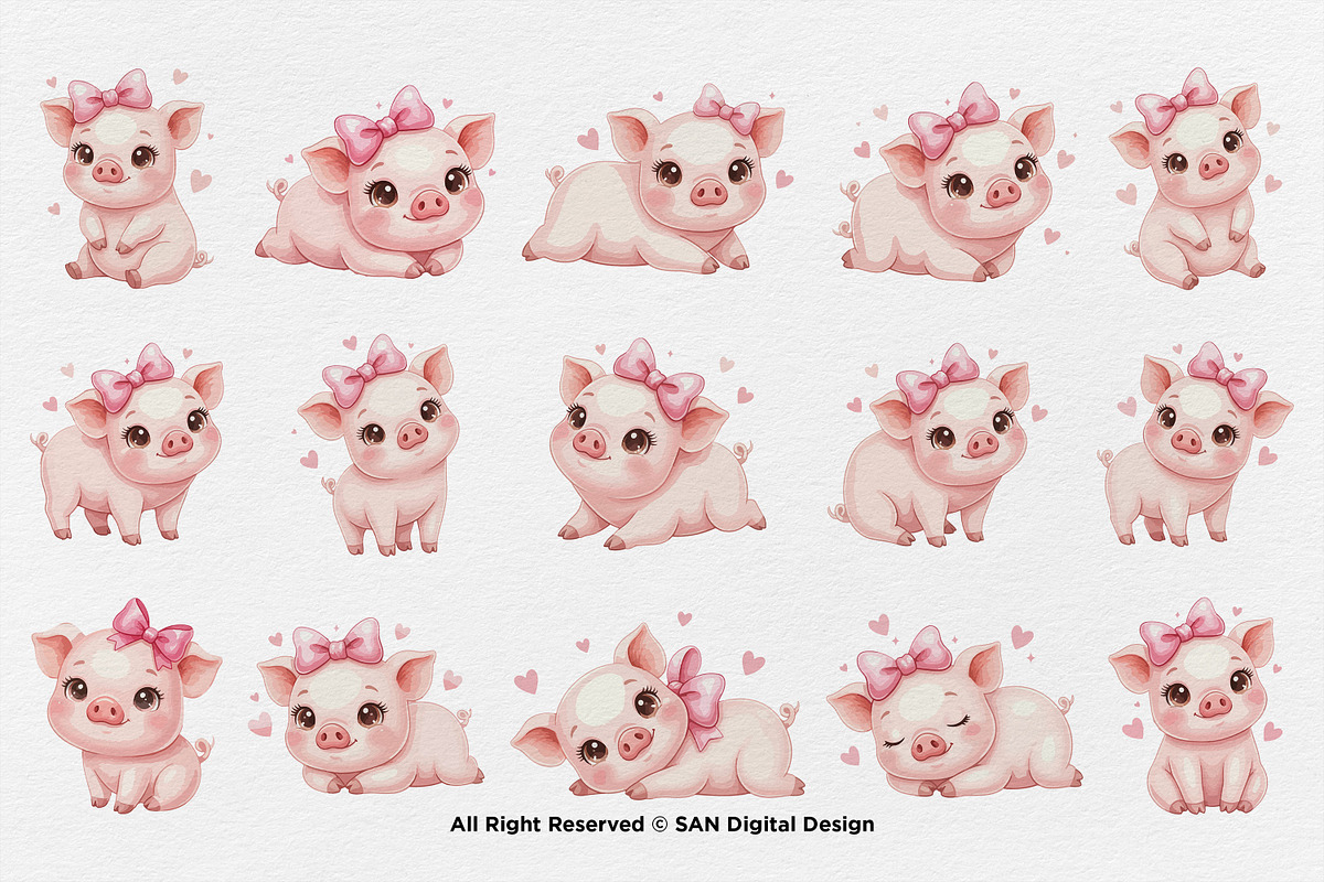 15 Bundle Watercolor Girl Pig Pink, an Animal Illustration by Morspective (Photo 8 of 8)