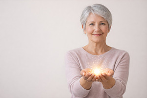 Senior woman holding glowing light, International Womens Day Giv, a Photo by Dvoevnore photos