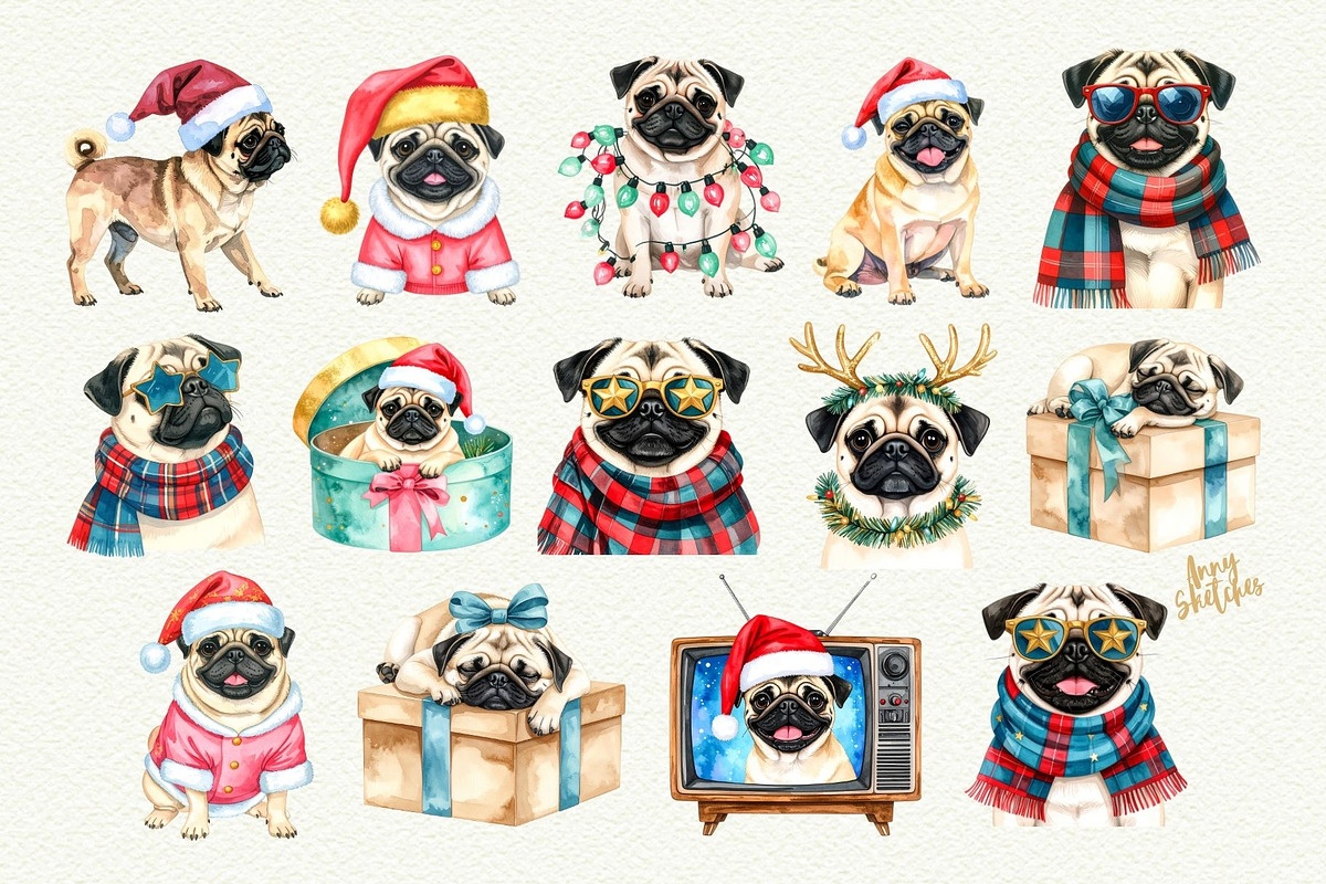 Retro Pugmas Clipart, a Seasonal Illustration by Anna Design Studio (Photo 3 of 12)