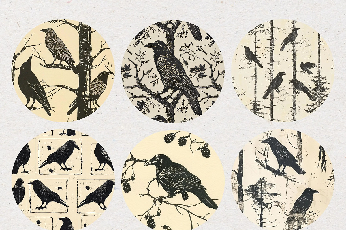 Crow Stamp Printed Seamless Patterns, a Pattern Graphic by Natural Planners (Photo 2 of 4)