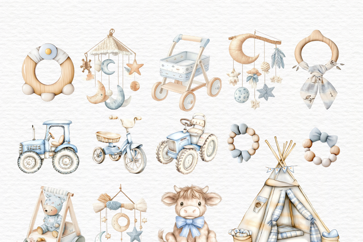 Watercolor baby boy toy blue clipart, a Decorative Illustration by Invite to Clipart (Photo 7 of 7)