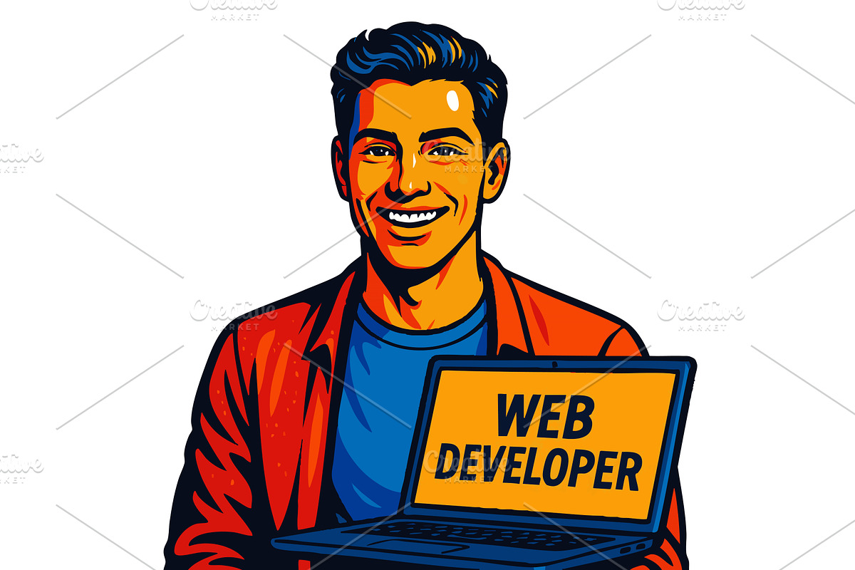 Smiling Web Developer Holding Laptop, a Technology Illustration by AlexArt