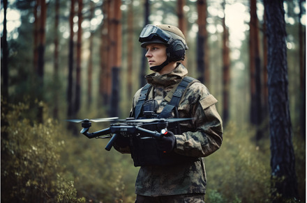 Soldier drone forest. Generate Ai, a Technology Photo by Ylivdesign