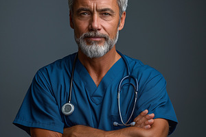Confident senior male doctor with gray hair, wearing scrubs, poses for a portra, a Person Photo by ImageMir