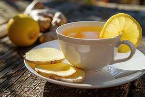 Cup of ginger tea with sliced ginger root on wooden table, a Food & Drink Photo by AlyaAnd