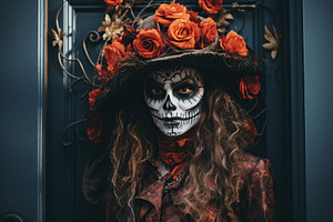 Portrait of young woman in halloween costume in front of door, a Holiday Photo by AlyaAnd