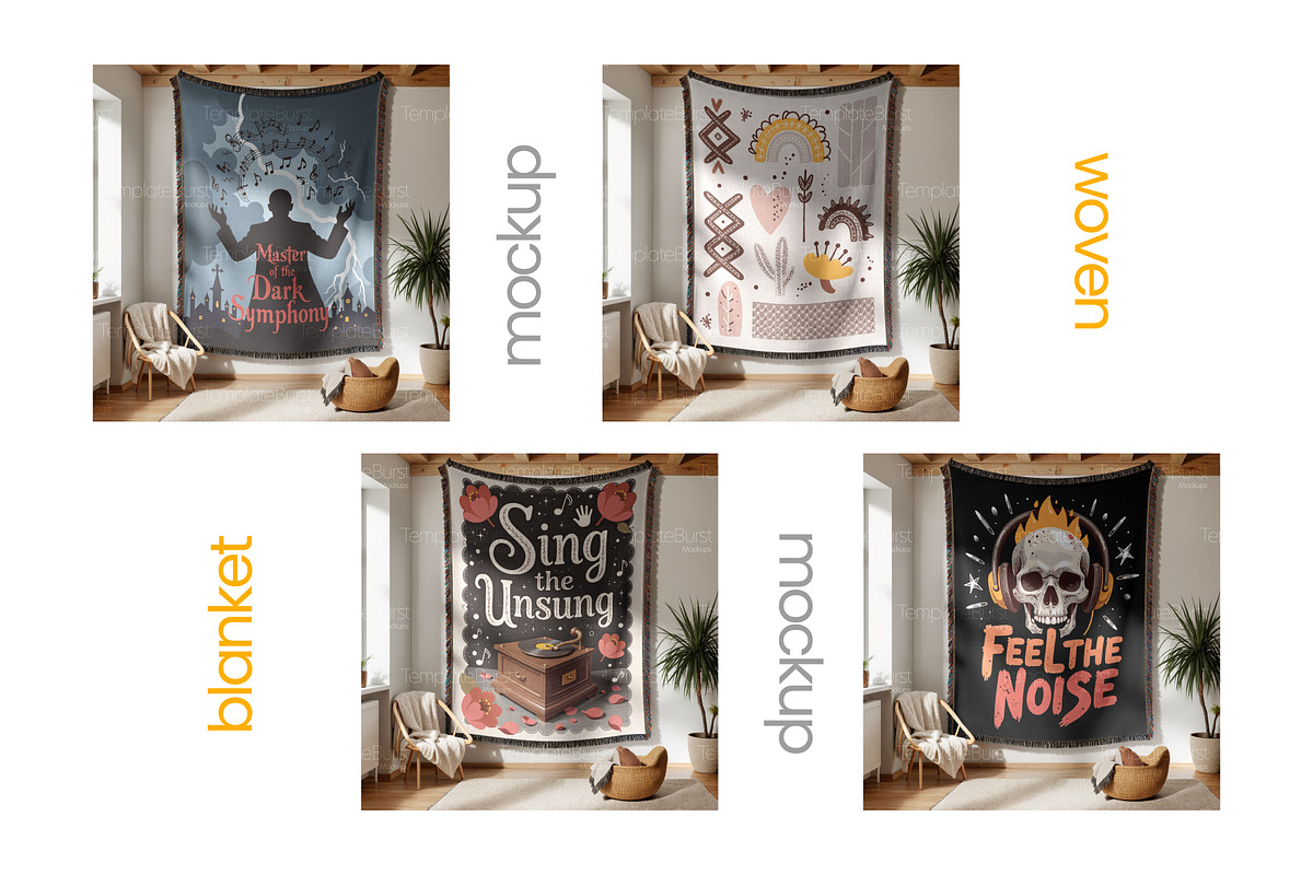 Woven Blanket Mockup Hang on Wall, an Apparel Mockup by Mockups Studio (Photo 4 of 9)
