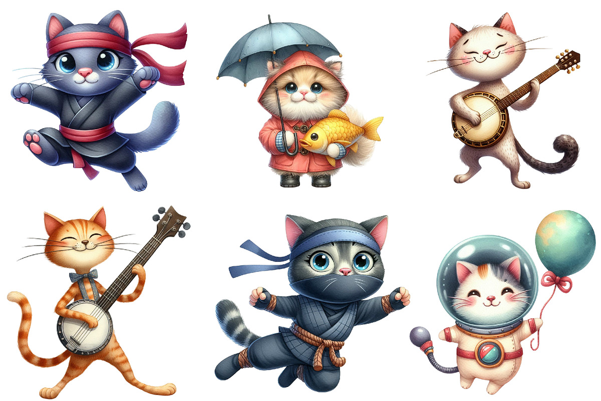 Funny Quirky Cats Clipart, an Illustration by Watercolor design (Photo 4 of 4)