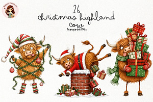 Christmas Highland Cow PNG, a Seasonal Illustration by Nicolle's Colorful Art