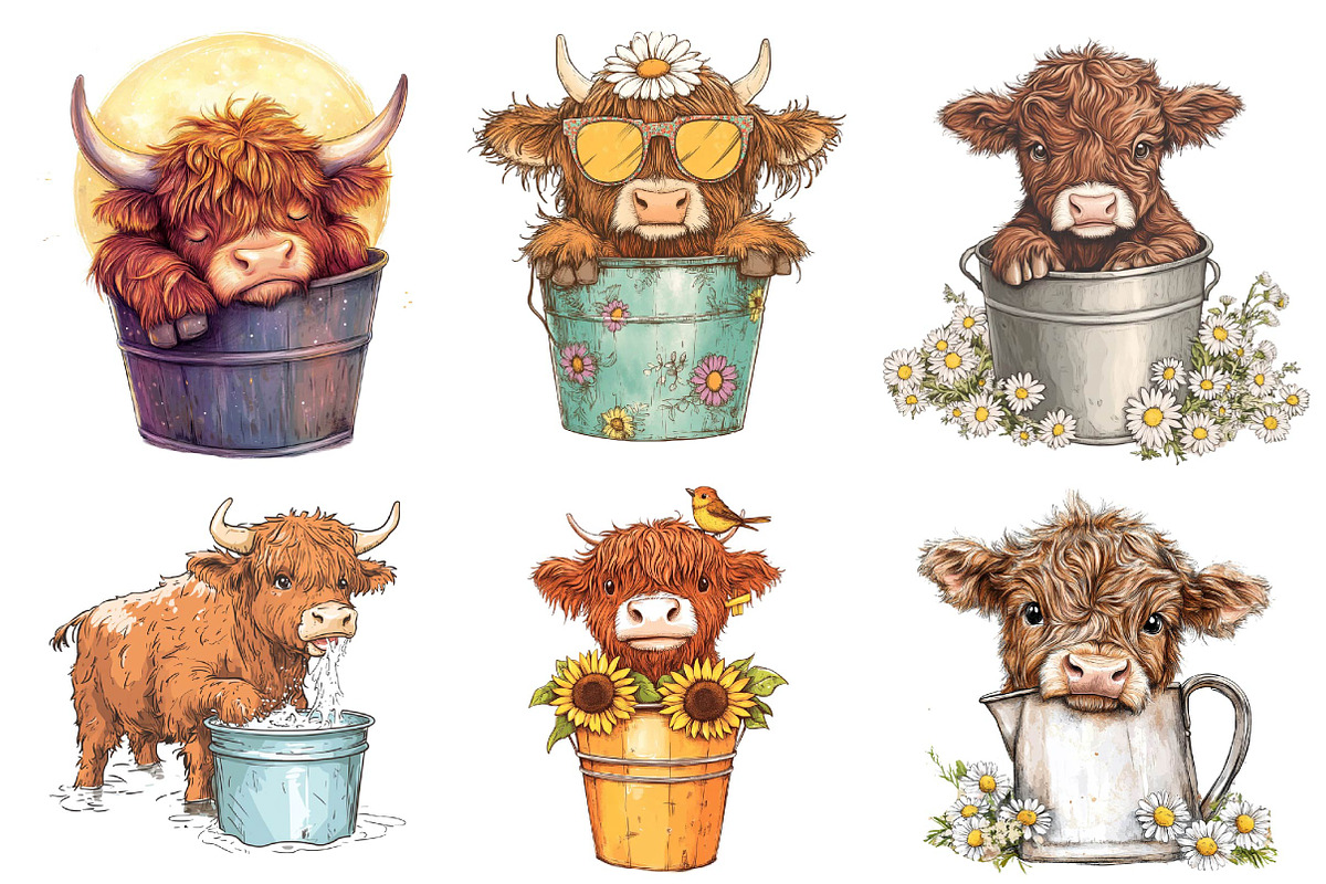 Cute Highland Cow in a Bucket Clipar, an Illustration by CreationArt (Photo 6 of 7)