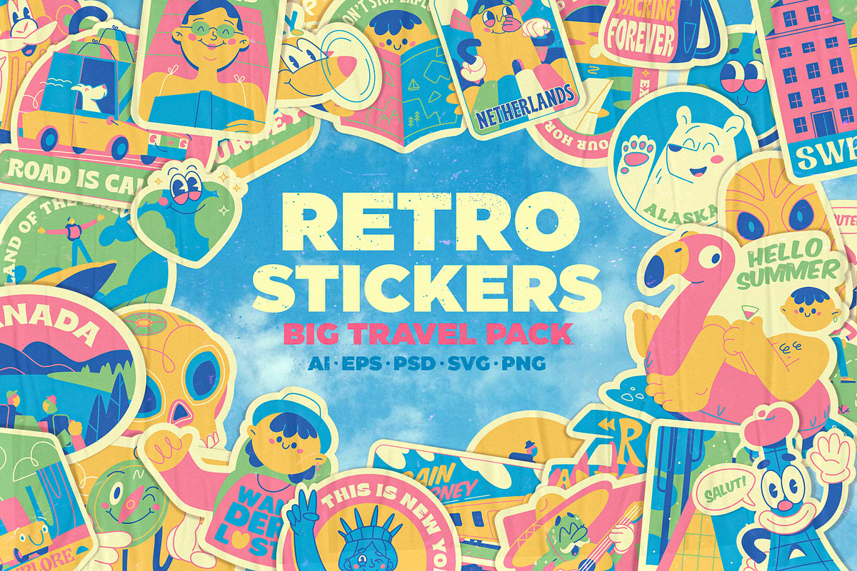 Retro Stickers. Big Travel Pack., an Object Illustration by Red Monkey (Photo 1 of 12)