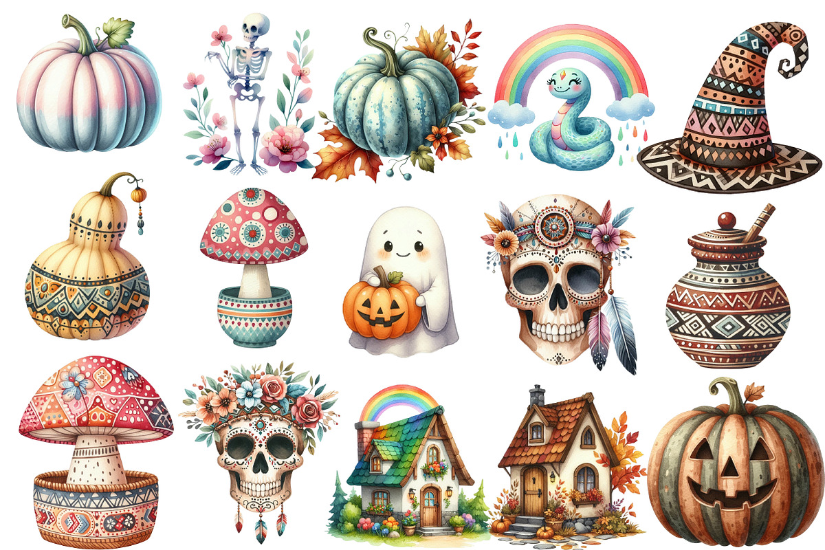 Boho Halloween Clipart Bundle, an Illustration by Designworld (Photo 3 of 5)