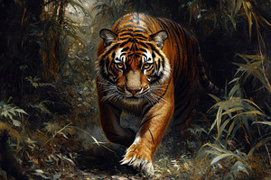 Majestic Tiger Stalking Jungle Path, an Animal Photo by Pixeness Studio