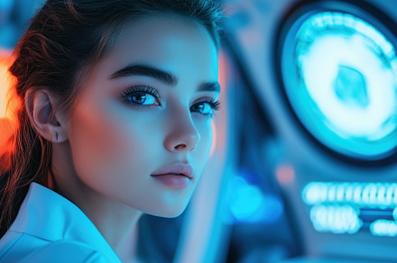 A close-up portrait of a young woman esthetic technologist with striking featur, a Person Photo by Textures & Backgrounds