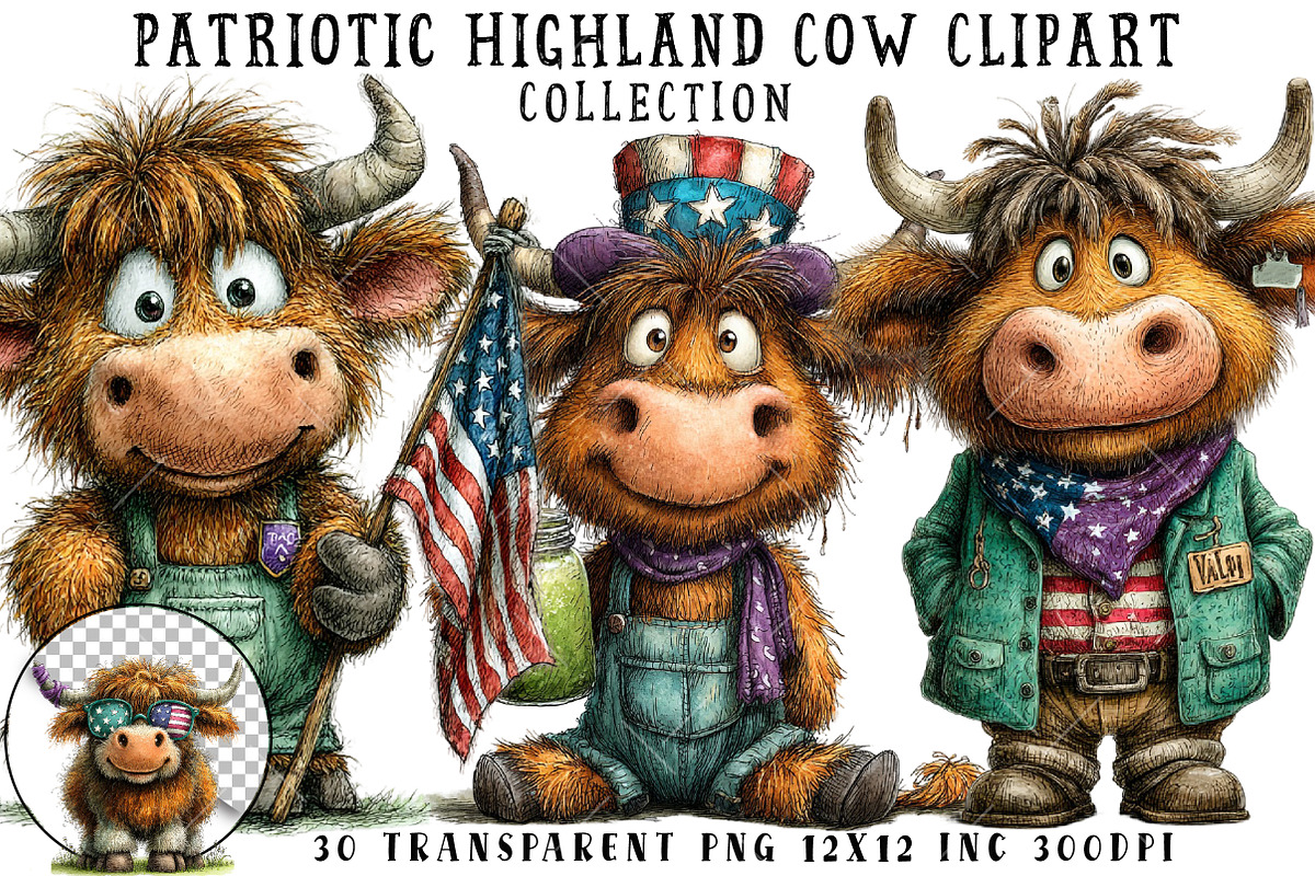 Patriotic Highland Cow Clipart, an Illustration by OK Design (Photo 1 of 6)