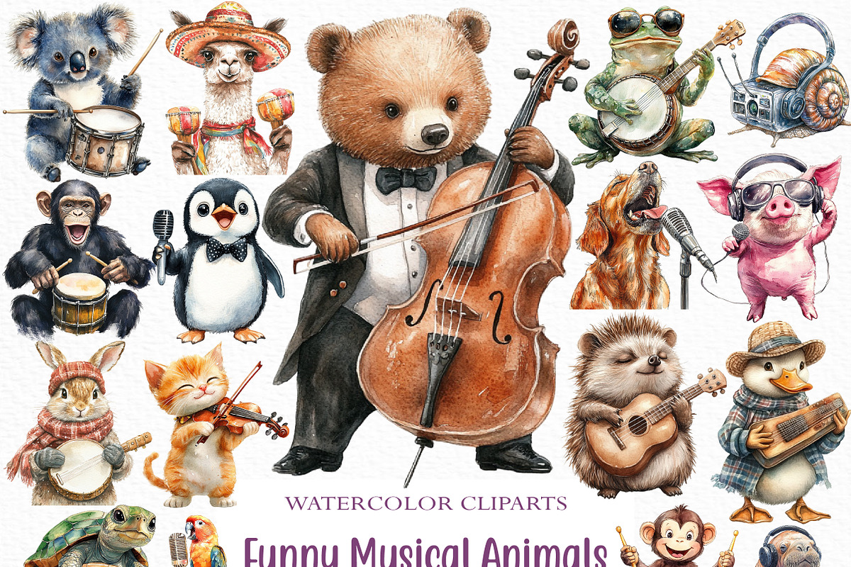 Funny Musical Animals Clipart, an Illustration by Craft Nest (Photo 1 of 6)