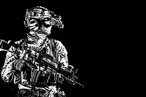 Soldier in night vision device featuring army, soldier, and armed