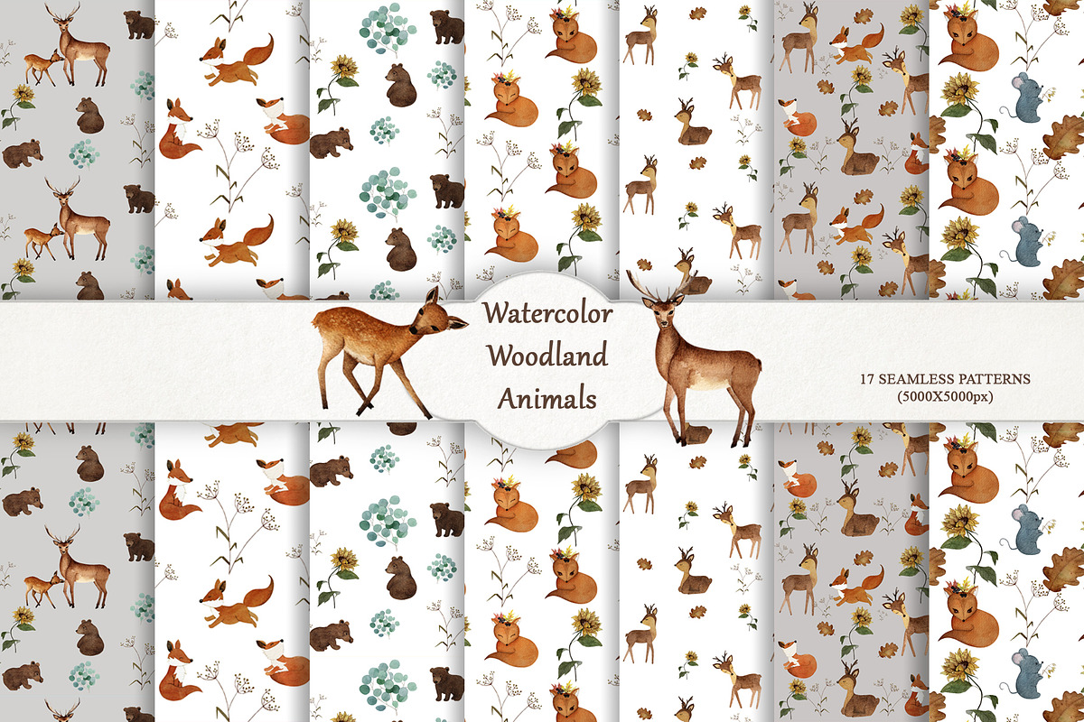 Watercolor Woodland Animals, a Pattern Graphic by Pretty light (Photo 1 of 2)