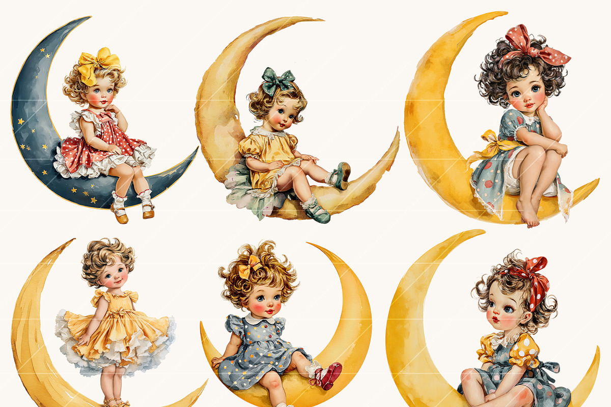 Vintage Girls on the Moon Clipart, a Person Illustration by BusyDaydesign (Photo 3 of 9)
