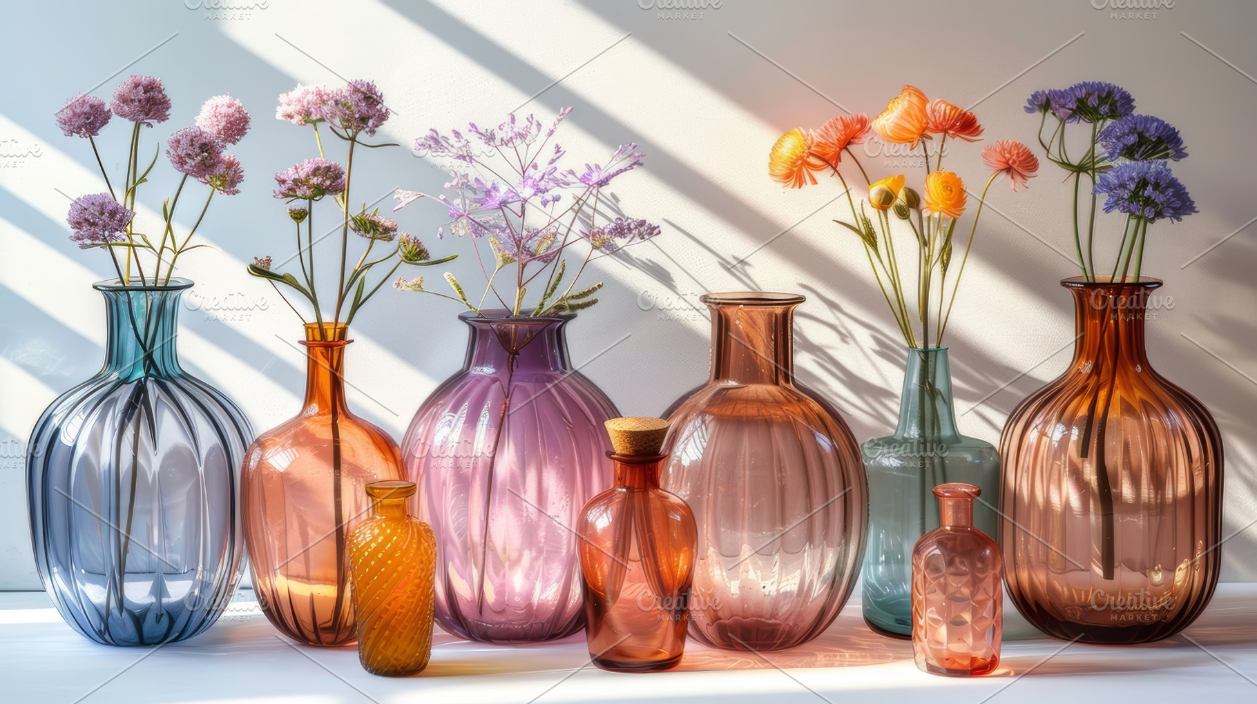 Colorful Glass Vases With Flowers on White Background in Natural Sunlight, a Photo by AS photostudio
