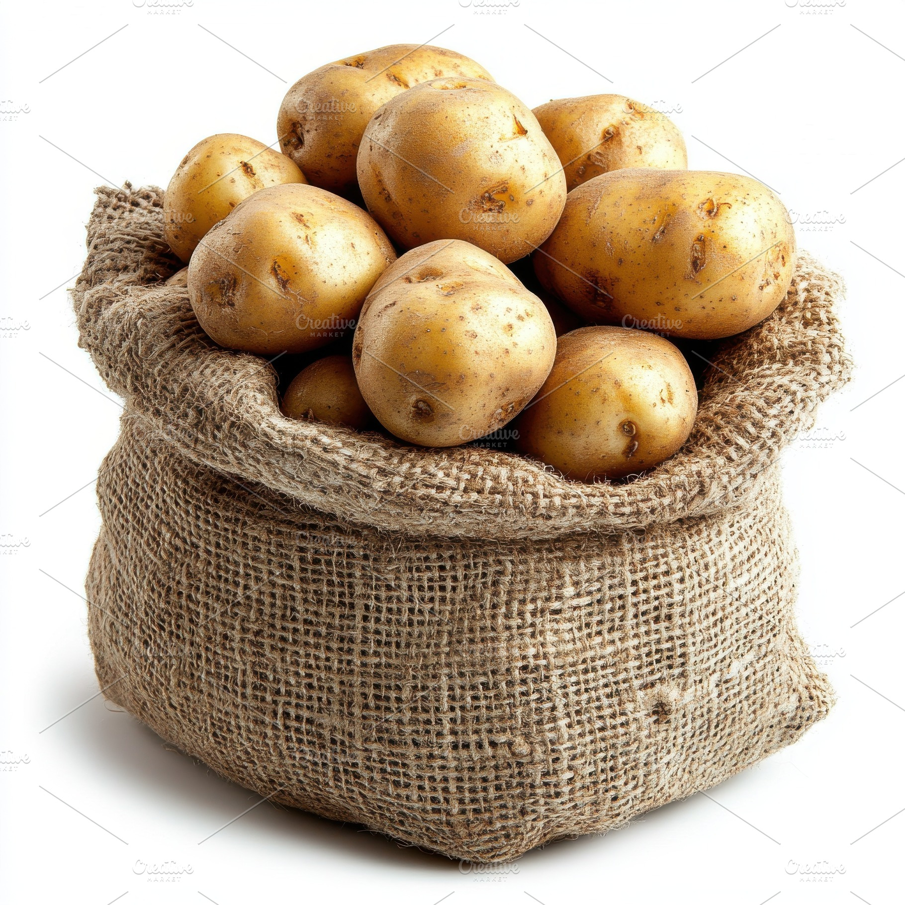 Fresh organic potato in burlap sack,, a Food & Drink Photo by Pixeness Studio