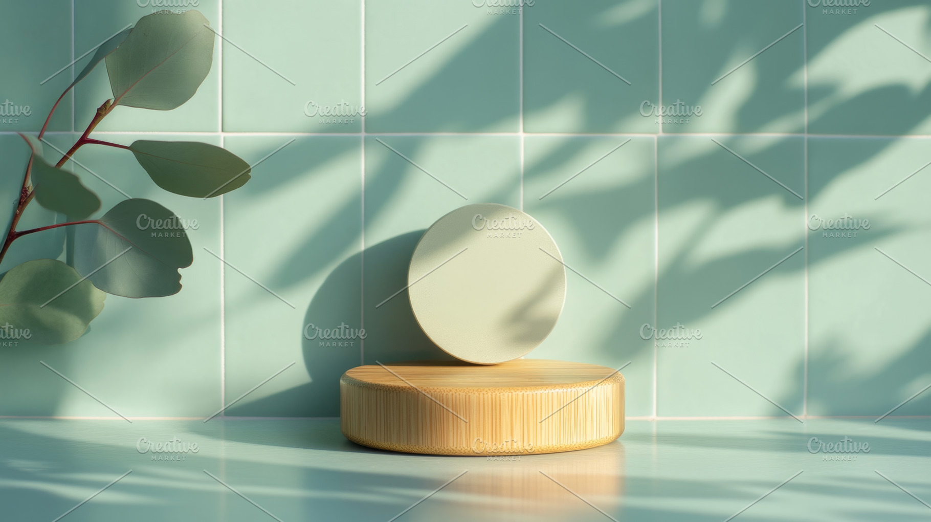 Natural Display Pedestal with Green Tiled Wall and Plants, an Abstract Photo by Natalia Klenova's Shop