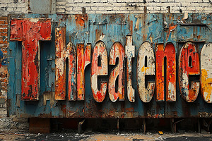 Vintage Distressed Lettering Of The Word Threatened On A Rusty Wall