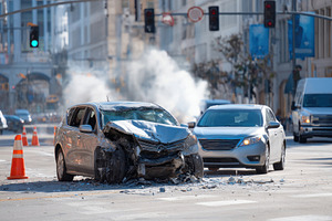 Damaged car at accident scene in city, a Transportation Photo by AlyaAnd