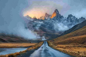 Golden hour light over a mountainous, a Photo by LOGOCREATIVE
