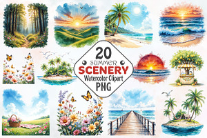 Summer Scenery Watercolor Cliparts, an Illustration by RobertsArt