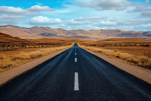 Journey down an empty asphalt road, a Photo by Pavel_design