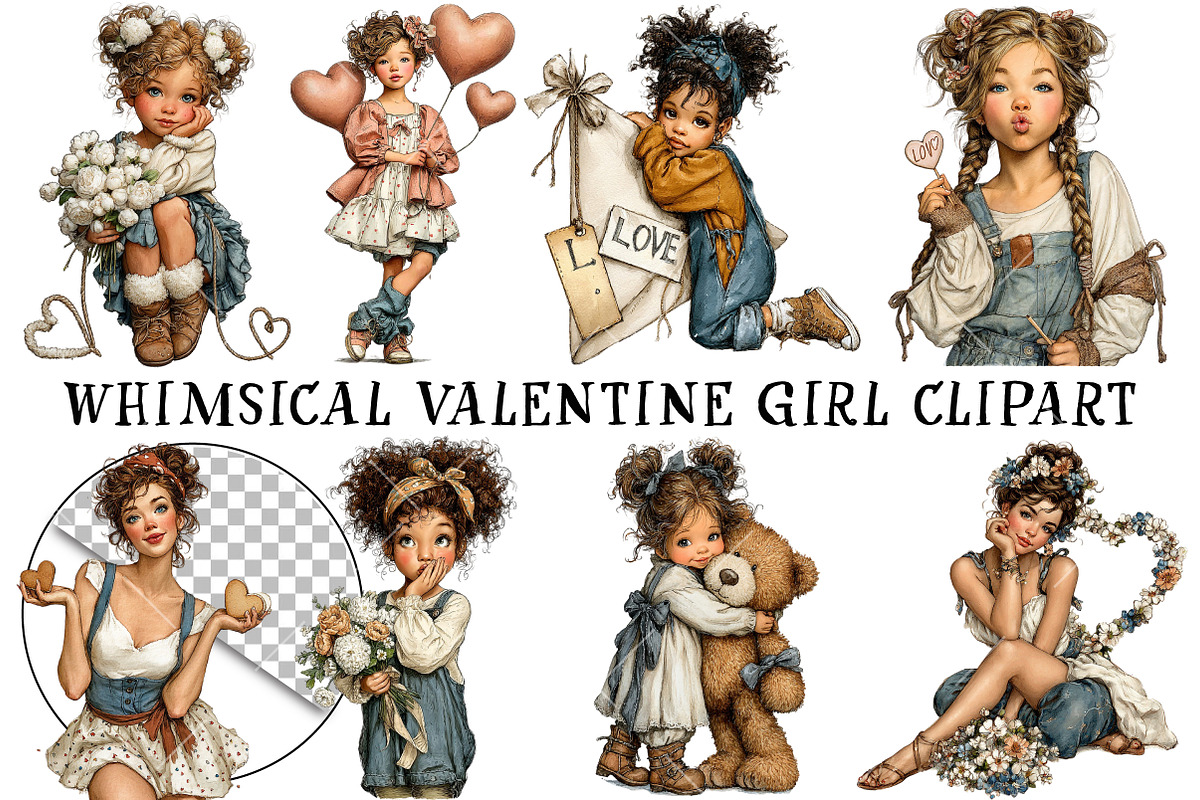 Whimsical Valentine Girl Clipart, an Illustration by OK Design (Photo 2 of 6)