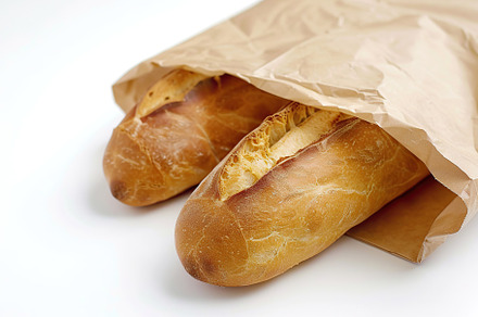 Freshly baked baguette in paper bag isolated on white background, a Food & Drink Photo by AlyaAnd